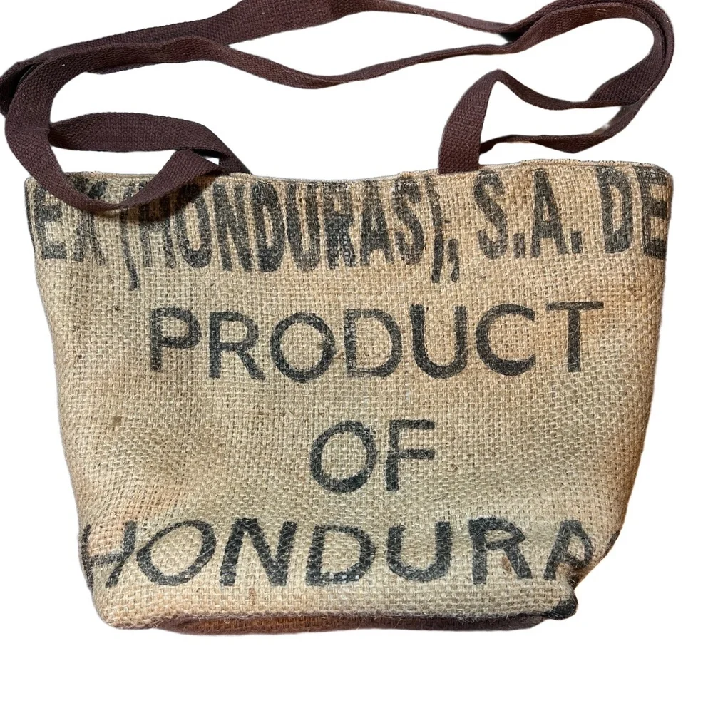 Helen Troy Bag‎ Brown Straps Jute Printed Logo Coffee Bean Tote Style - Picture 3 of 8